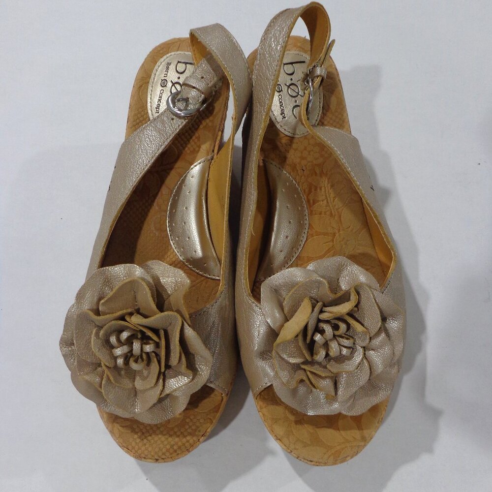 Born BOC Womens Gold/Beige Floral Cork Wedges ‎ Slingback Shoes C63546 Size 9